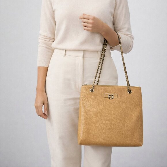Dkny Handbags - DKNY Golden Tan Leather Tote Shoulder Bag with Chain Strap